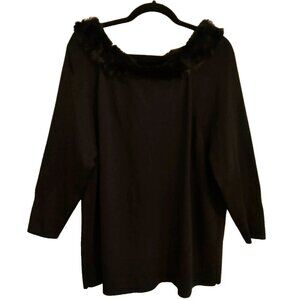 Bianca Nygard Black Top Faux Fur Collar Ribbed Stretch Knit - 2X  *Small Defect*